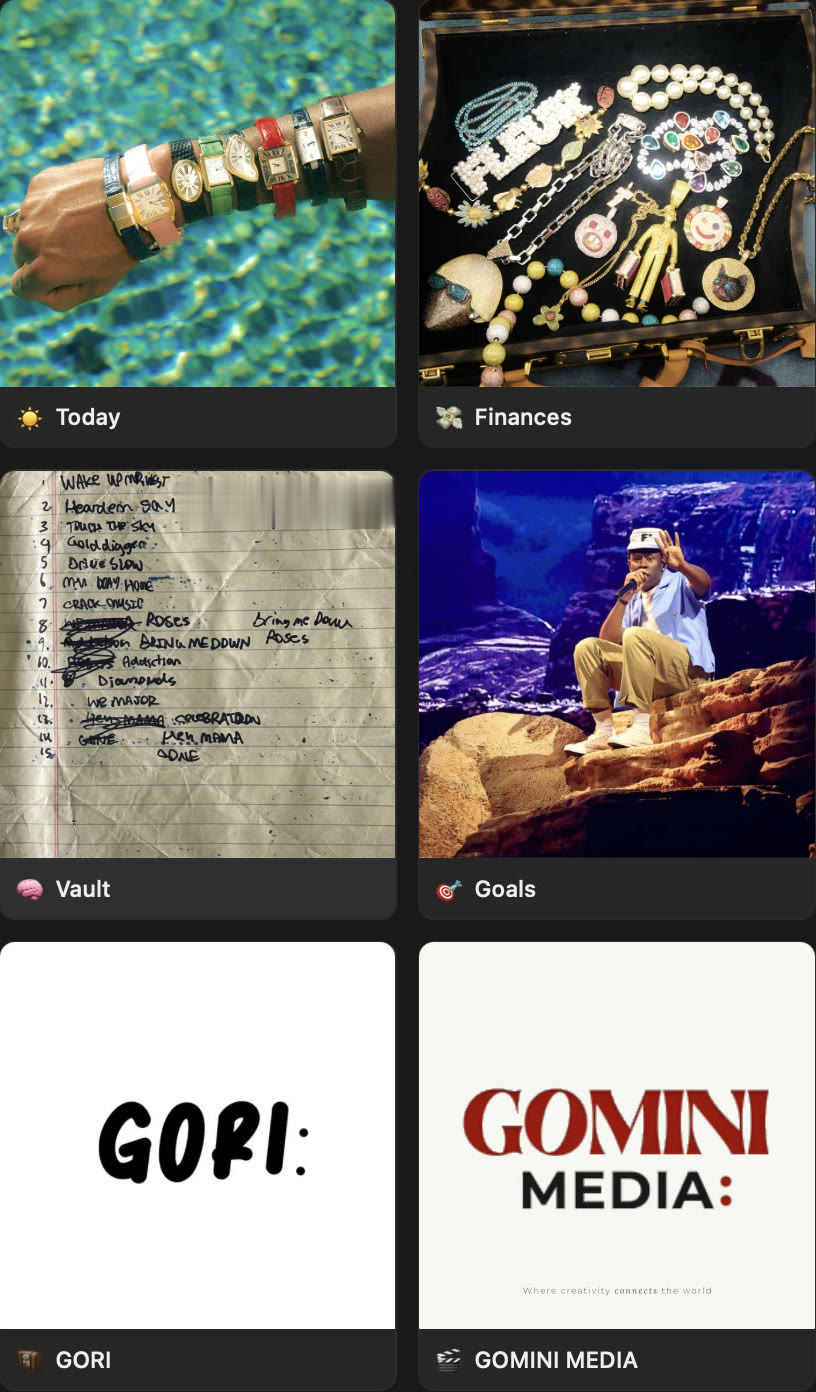 Notion gallery of hubs: Today, Finances, Vault, Goals, GORI and GOMINI MEDIA
