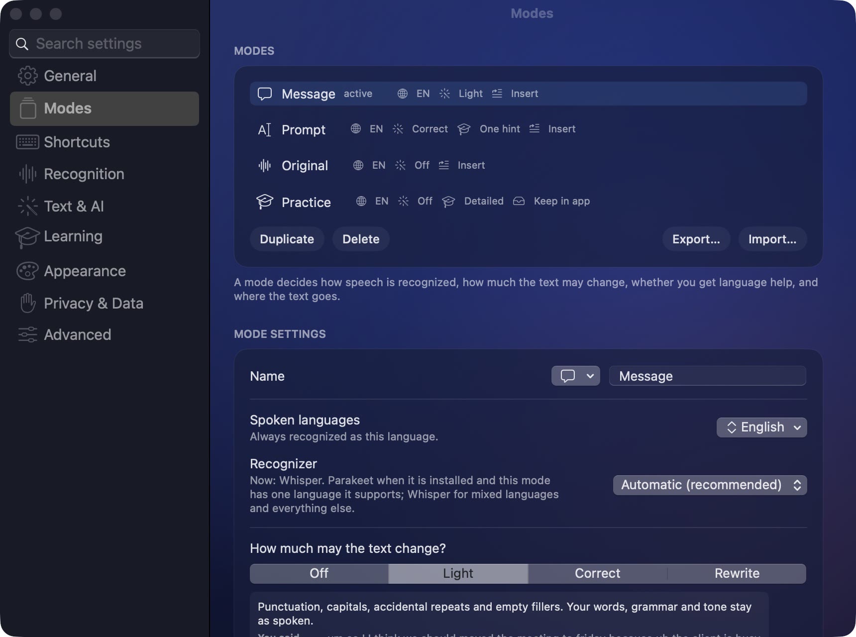 Saidright settings: four dictation modes